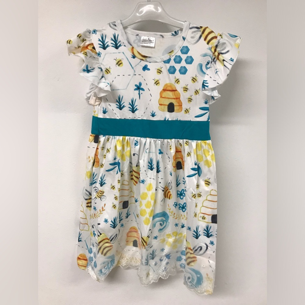 Little Girl Kids Toddler Cap Sleeve Honey Bee Hive Flower Girl Dress Causal